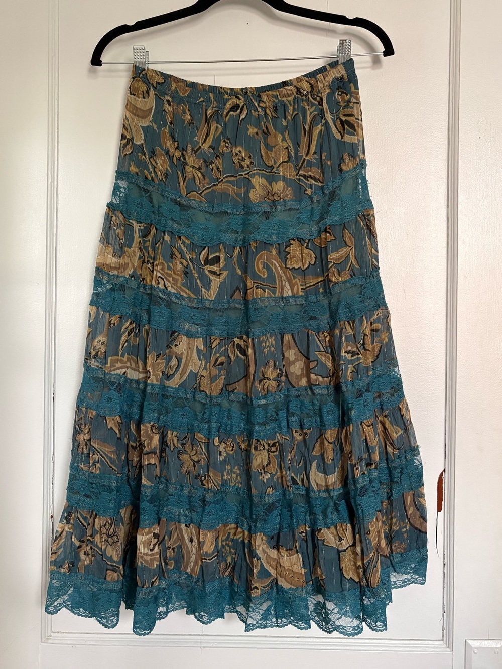 Vintage Teal & Gold/Tan Floral Lace Tiered Midi Skirt